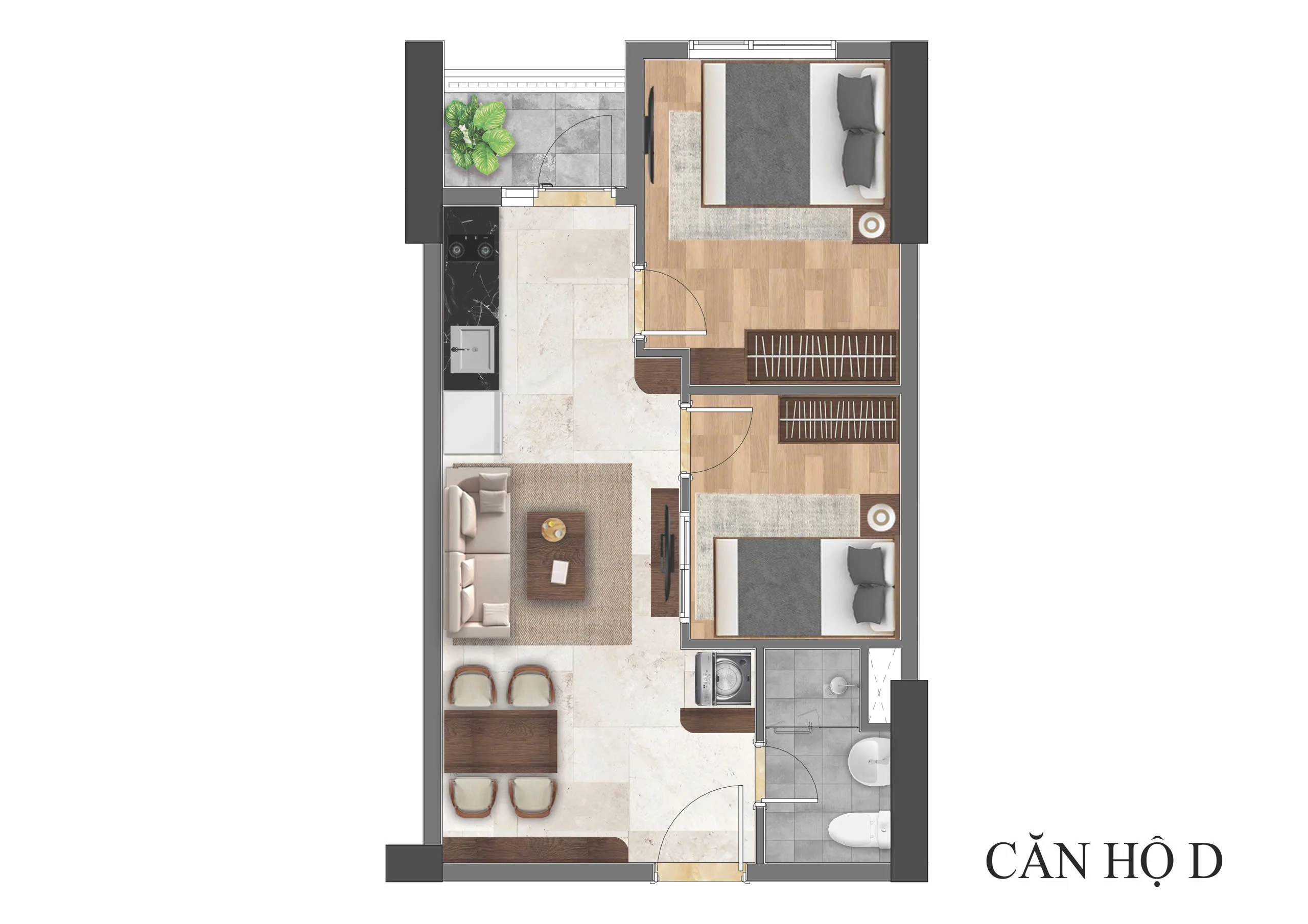 thiết kế căn hộ 2pn 1 wc