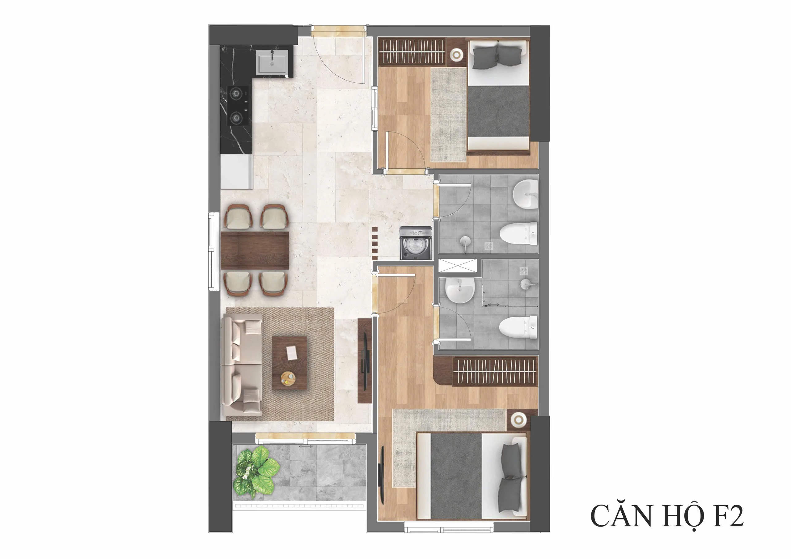 thiết kế căn hộ 2 pn 2 wc 
