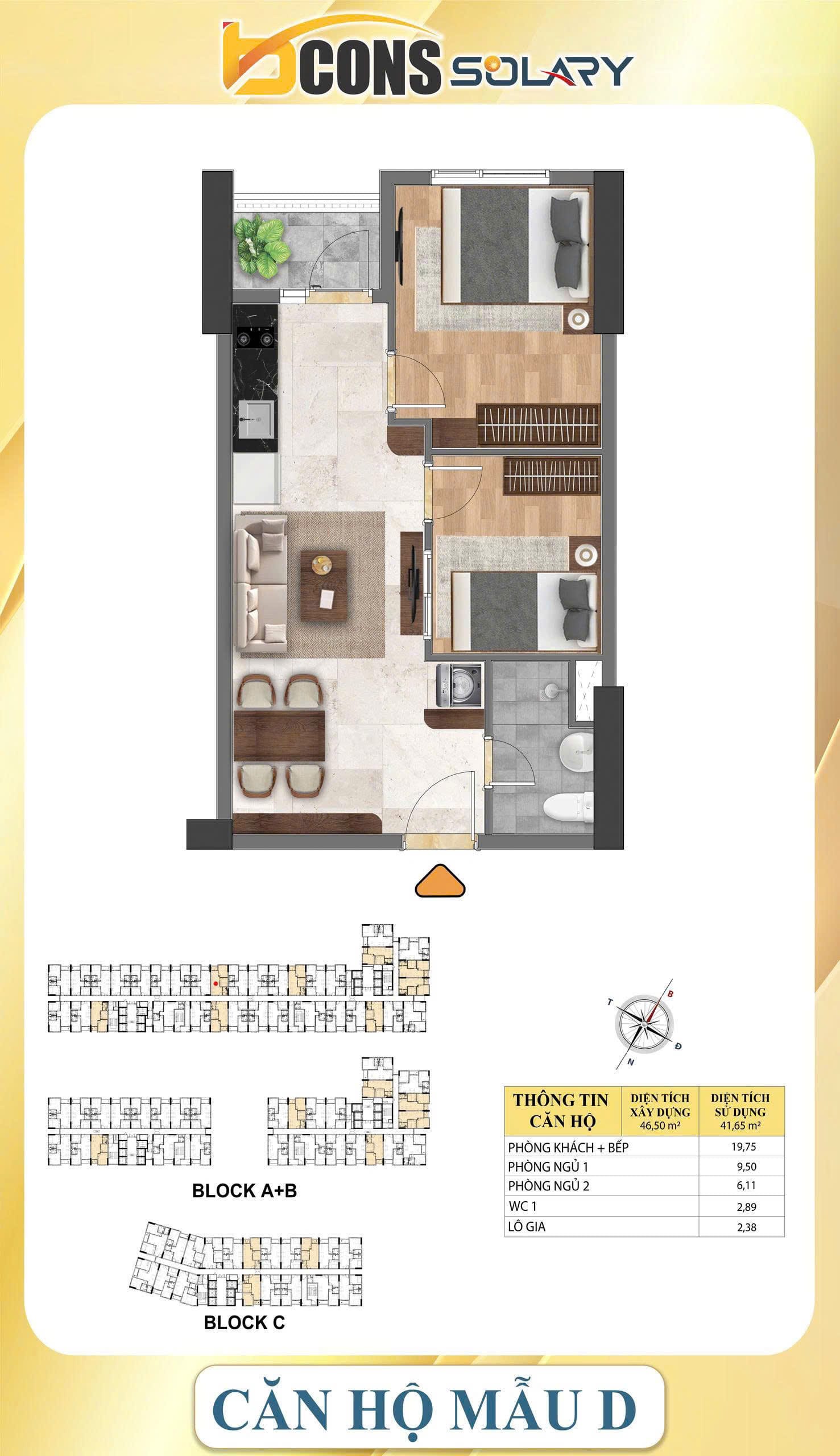 Bcons Solary thiết kế căn hộ 46.5m2