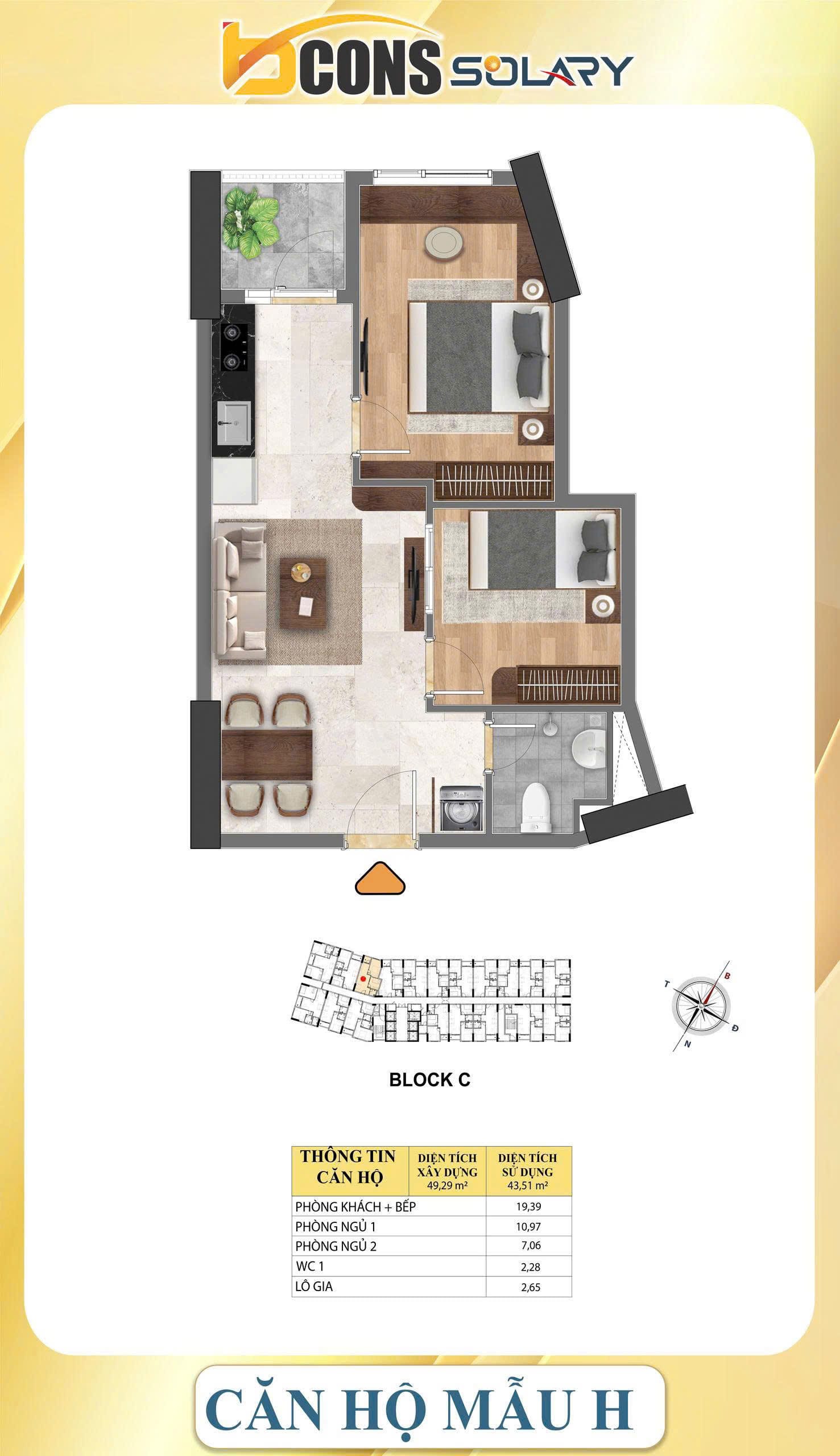 Bcons Solary thiết kế căn hộ 49.29m2