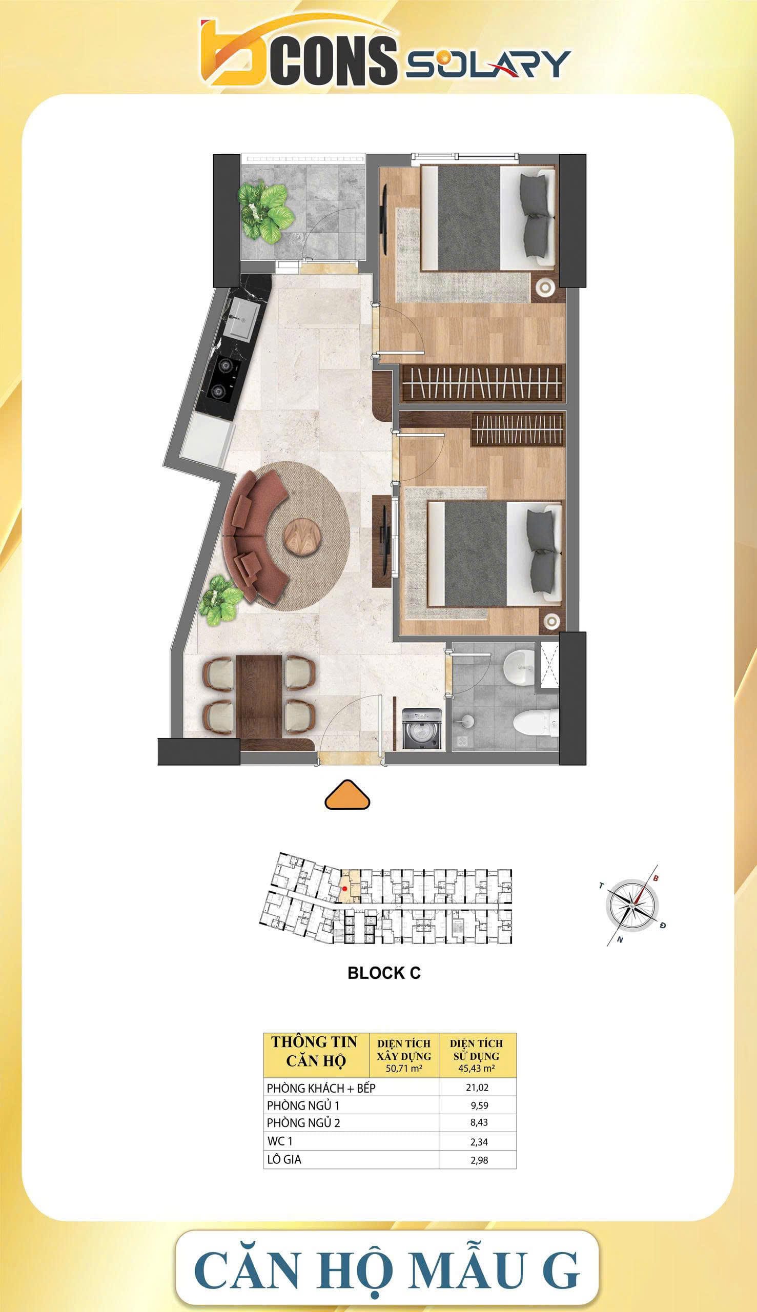 Bcons Solary thiết kế căn hộ 50.7m2