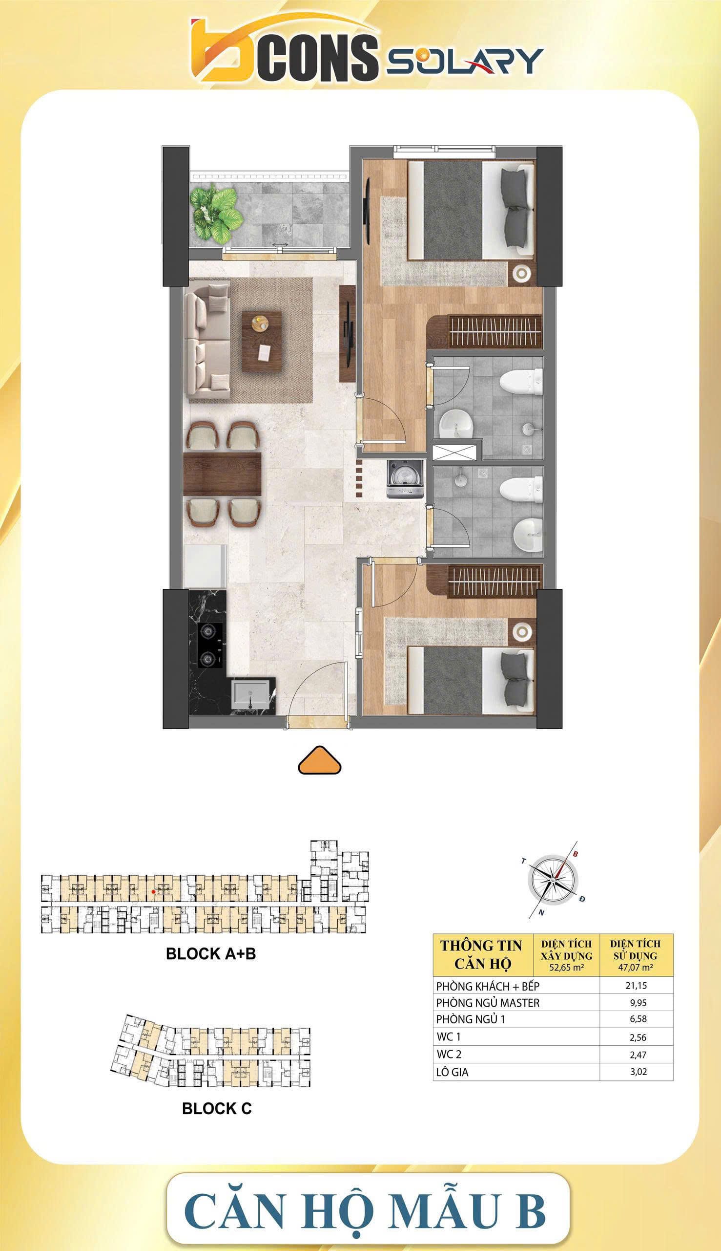 Bcons Solary thiết kế căn hộ 52.65m2