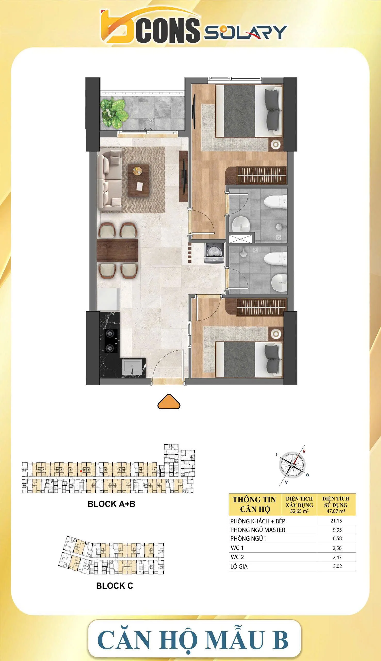 thiết kế căn hộ 52.65m2