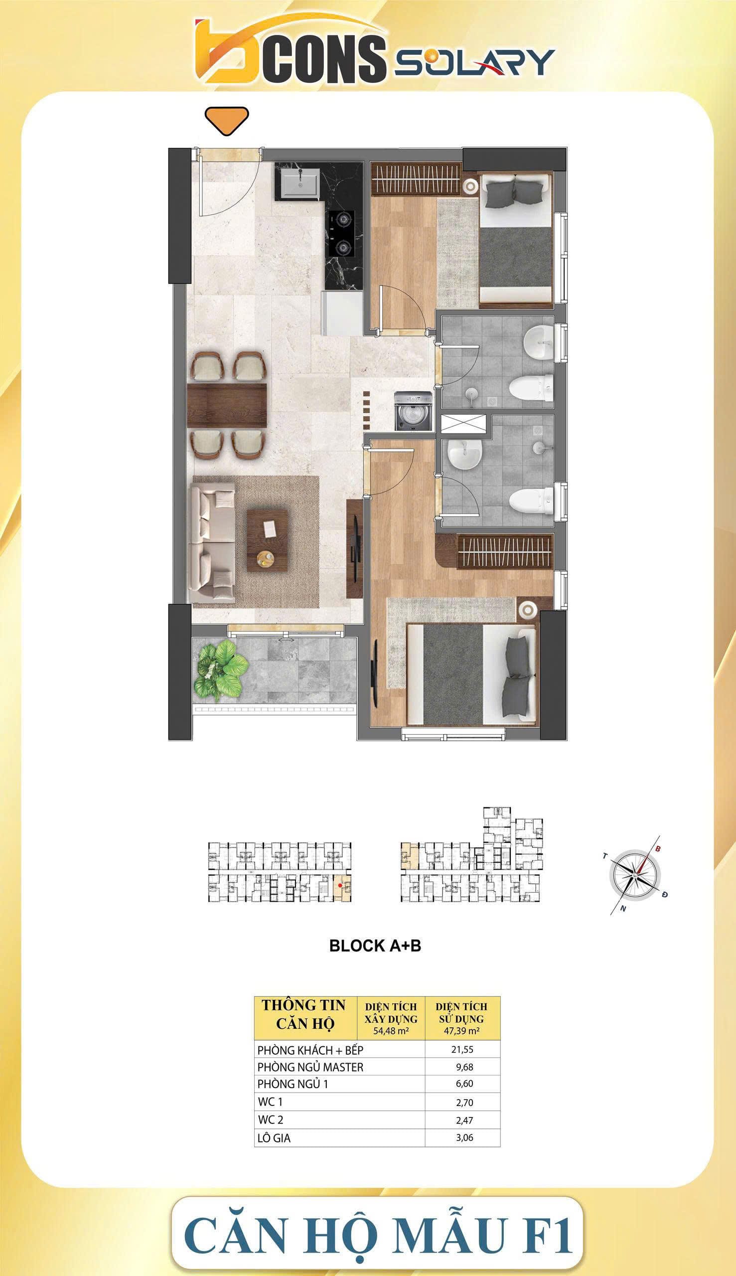 Bcons Solary thiết kế căn hộ 54.4m2