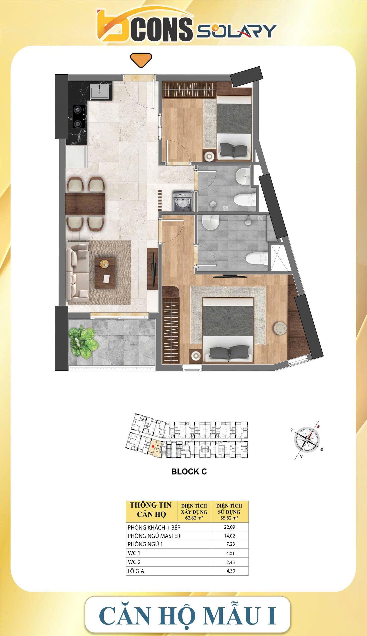 Bcons Solary thiết kế căn hộ 62m2